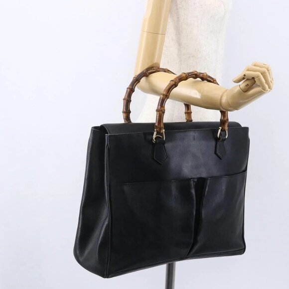 GUCCI Bamboo Hand Bag Leather Black Gold